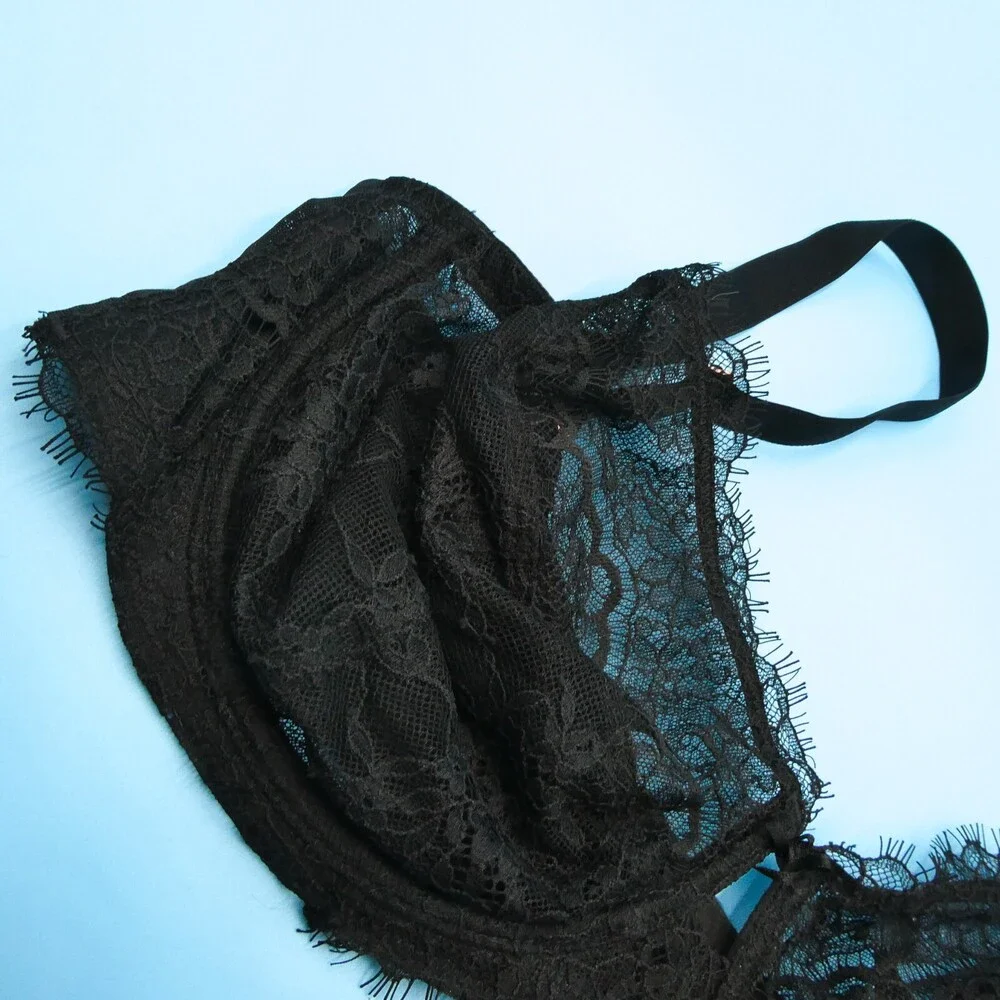 Victorias Secret Dream Angels 38DDD Lingerie Black Unlined Demi Lace Bra Fringe‎